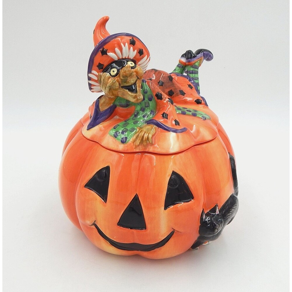Fitz And Floyd Witch Hazel Pumpkin Cookie Jar Jack O Lantern Black Cat Bats